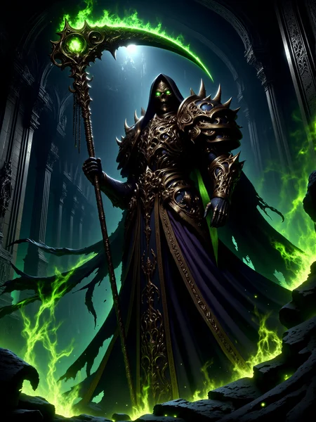 an atmospheric, highly detailed classical painting, foreboding atmosphere, dim lighting, a shadowy grand hall filled with towering, spired structures and shadowy corners, the environment feels oppressive, dimly lit, and ancient, with cracked stone walls overgrown with dark ivy pulsing with unnatural life, in the foreground, a towering skeletal knight stands menacingly, his figure cloaked in an intricately decorated ornate robe covered in occult symbols, wearing ornate steel gloves and heavy plate armor boots, spiked chains hang from his robe, his hollow eyes burning with unnatural cold green fire under a dark hood, he is wielding a masterfully crafted scythe, engulfed in eldritch green and blue flames, his robe tattered at the edges, the skeletal knightâs scythe crackles with eldritch fire, casting eerie light onto the ground below, his posture is rigid and powerful, with the flames casting shifting shadows around him, the scene evokes a sense of impending doom, low-angle, looking up, the gothic architecture looms in the background, with flickering shadows creeping along the stone walls, adding depth and tension, the primary light source comes from the green and blue flames engulfing the skeletal knightâs scythe, casting eerie, flickering light across the scene, with subtle rim lighting highlighting the contours of his figure, the color palette is dominated by deep black, gleaming silver, dark shades of grey, purple, teal, and blue, with gold accents on the skeletal knight's armor, the shadows deepen the foreboding atmosphere, intricate details, detailed background, mythp0rt, <lora:style-mythic_fantasy-flux-by_velvets:0.68> <lora:epic_gorgeous_details-balance-flux-by_flyway:0.64> <lora:scythe-flux-by_hailoknight:0.76> <lora:image_enhancer-flux-by_dever:0.68>