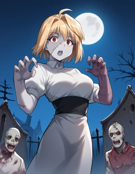 score_9, score_8_up, score_7_up, source_anime, <lora:carnivalphantasm-arcueid-brunestud-ova-ponyxl-lora-nochekaiser:1>, arcueid brunestud, blonde hair, red eyes, short hair, ahoge, large breasts,, <lora:zombie-ponyxl-lora-nochekaiser:1>, zombie, colored skin, stitches, grey skin, multicolored skin, stitched face, zombie pose, halloween, halloween costume,, night, moon, graveyard, tombstone, grave, open mouth, , dutch angle, cowboy shot