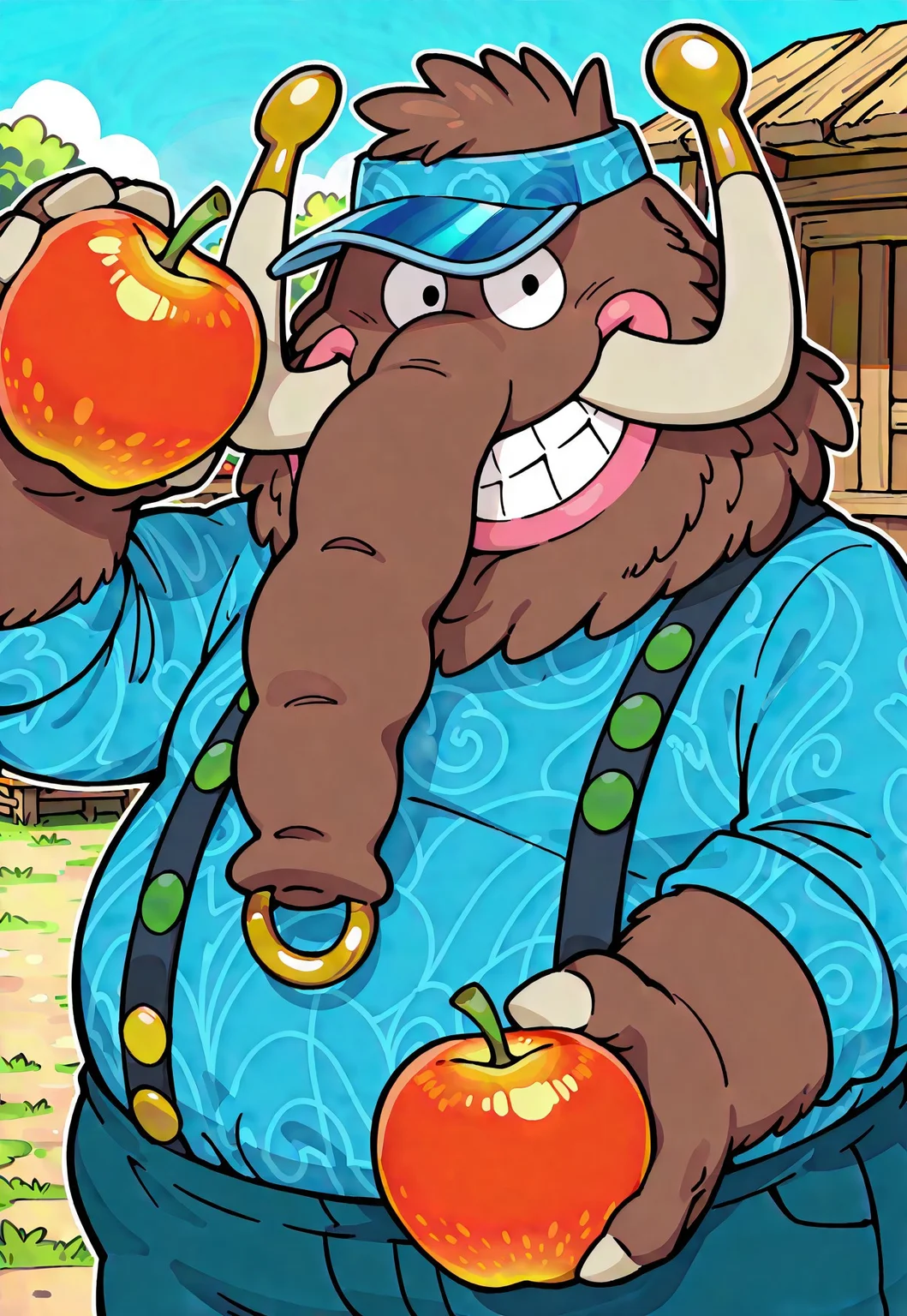 score_9, score_8, score_7, score_6_up, (cgazpacho, solo, male, furry, fat man, solo, 1boy, mammoth, brown fur, elephant trunk, nose ring, pink lips, teeth, smiling, visor hat, blue shirt, blue pants, suspenders, handless,) smiling, face focus, close-up, 2d, illustration, thick outline, shading, outdoors, fruit stand, wood shelf, crates, toony, negativeXL_D, happy, holding fruit, cartoon, looking at viewer, circle eyes, friendly,