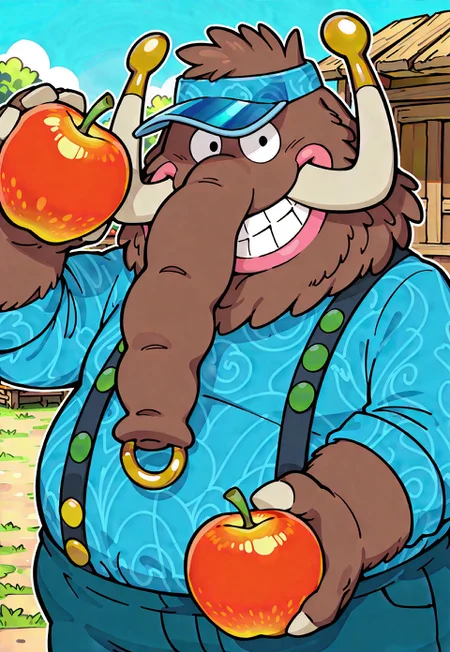 score_9, score_8, score_7, score_6_up, (cgazpacho, solo, male, furry, fat man, solo, 1boy, mammoth, brown fur, elephant trunk, nose ring, pink lips, teeth, smiling, visor hat, blue shirt, blue pants, suspenders, handless,) smiling, face focus, close-up, 2d, illustration, thick outline, shading, outdoors, fruit stand, wood shelf, crates, toony, negativeXL_D, happy, holding fruit, cartoon, looking at viewer, circle eyes, friendly,