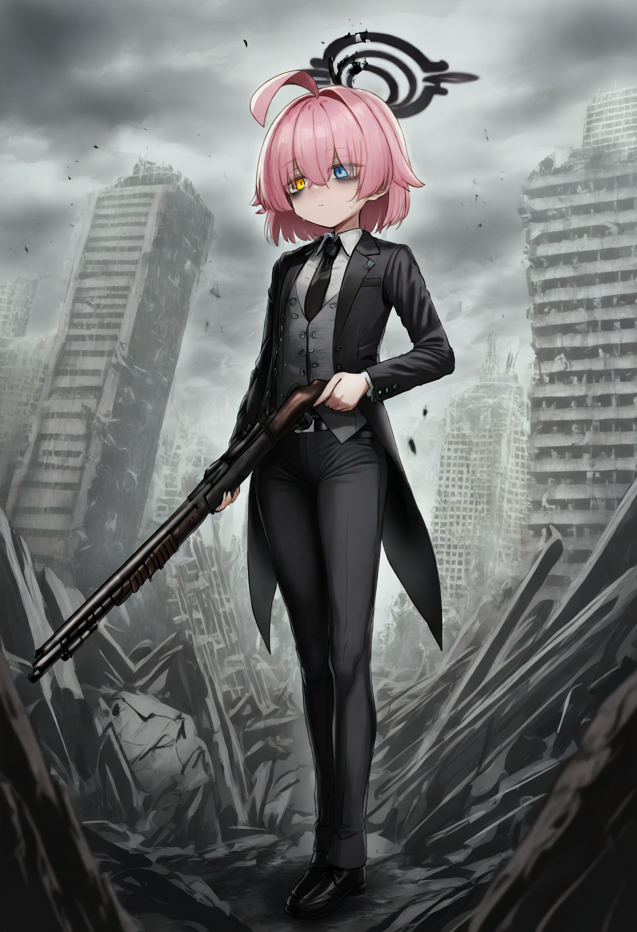 best quality, amazing quality, very aesthetic, full body, <lora:Gishiki:1>, solo, 1girl, blue archive, hoshino \(blue archive\), dark persona, black halo, ((broken halo)), (dark pink hair), alternate hair length, short hair, ahoge, hair over eyes, eyes visible through hair, heterochromia, yellow eyes, blue eyes, bags under eyes, alternate costume, formal, suit, black jacket, open jacket, tailcoat, long sleeves, grey vest, white dress shirt, collared shirt, black necktie, black pants, tight pants, belt, black shoes, standing, holding weapon, weapon, shotgun, pump action, looking away, expressionless, serious, legs together, wasteland, post-apocalypse, city, destroyed buildings, grey sky, cloudy sky, outdoors, <lora:ChamIllustriousBackgroundEnhancer:1>