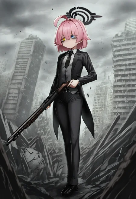 best quality, amazing quality, very aesthetic, full body, <lora:Gishiki:1>, solo, 1girl, blue archive, hoshino \(blue archive\), dark persona, black halo, ((broken halo)), (dark pink hair), alternate hair length, short hair, ahoge, hair over eyes, eyes visible through hair, heterochromia, yellow eyes, blue eyes, bags under eyes, alternate costume, formal, suit, black jacket, open jacket, tailcoat, long sleeves, grey vest, white dress shirt, collared shirt, black necktie, black pants, tight pants, belt, black shoes, standing, holding weapon, weapon, shotgun, pump action, looking away, expressionless, serious, legs together, wasteland, post-apocalypse, city, destroyed buildings, grey sky, cloudy sky, outdoors, <lora:ChamIllustriousBackgroundEnhancer:1>