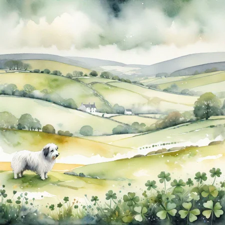 Irish landscape, Celtic style, fluffy sheepdog, oversized shamrocks, rolling hills, swirling mist, ancient stone circle, intricate details, muted color palette, watercolor texture