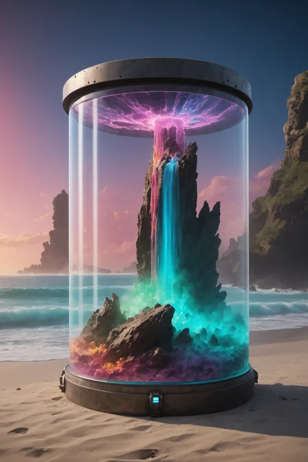 contained color,(beach background), a large glass futuristic container with a waterfall inside, colorful smoke <lora:Contained_Color_SDXL:1>