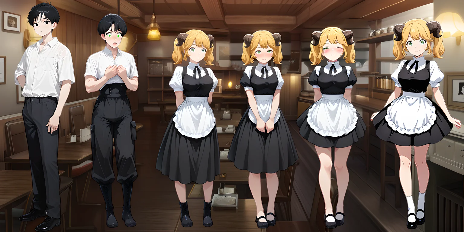 masterpiece, best quality, amazing quality, very aesthetic, absurdres, newest, perfect eyes, ultra detailed, black hair, black pants, white collared shirt, black shoes, full body BREAK <lora:DX888AlettaIL:0.8> aletta, twintails, green eyes, blonde hair, twintails, horns, black dress, puffy sleeves, white shirt, black ribbon, waist apron, maid, dress BREAK <lora:M2F_Transformation_4_big:0.8> gender transformation, feminization, midtransformation, mtf transformation sequence, standing, (facing viewer), clothing transformation, ((long transformation, clothes morph, extended transformation)), transformation sequence, (((Hair growth, Black Hair turn into Blonde Hair))), Even spacing, ((((white collared shirt transforming to maid outfit, Black Pants transforming into black dress, black boots transform into Black mary janes)))) ,(((5 panels, Even spaces, gradual transformation))), ((((Black hair boy transform into Aletta))))
