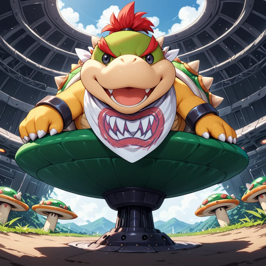 low angle shot,  <lora:Bowser_Jr_XL:.9> bwsrjr, open mouth, teeth, standing on green cup ufo spiked, black pupils, (anime, masterpiece, intricate:1.3), (best quality, hires textures, high detail:1.2), (4k),(incredibly detailed:1.4),UHD, 8K, ultra detailedâââ