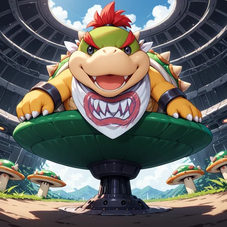 low angle shot, <lora:Bowser_Jr_XL:.9> bwsrjr, open mouth, teeth, standing on green cup ufo spiked, black pupils, (anime, masterpiece, intricate:1.3), (best quality, hires textures, high detail:1.2), (4k),(incredibly detailed:1.4),UHD, 8K, ultra detailedâââ