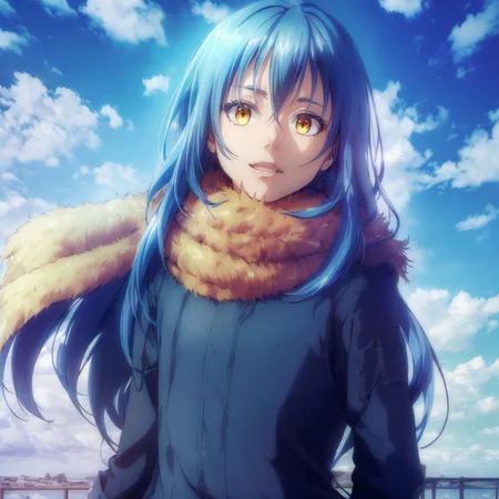 masterpiece, (photorealistic:1.4), best quality, beautiful lighting photo of rimuru tempest, 1boy, long hair, blue coat, fluffy scarf, yellow eyes, sunny, clouds, wearing a jacket, cyberpunk setting, RAW photo, 8k uhd, film grain <lora:rimuru tempest NED:0.75>