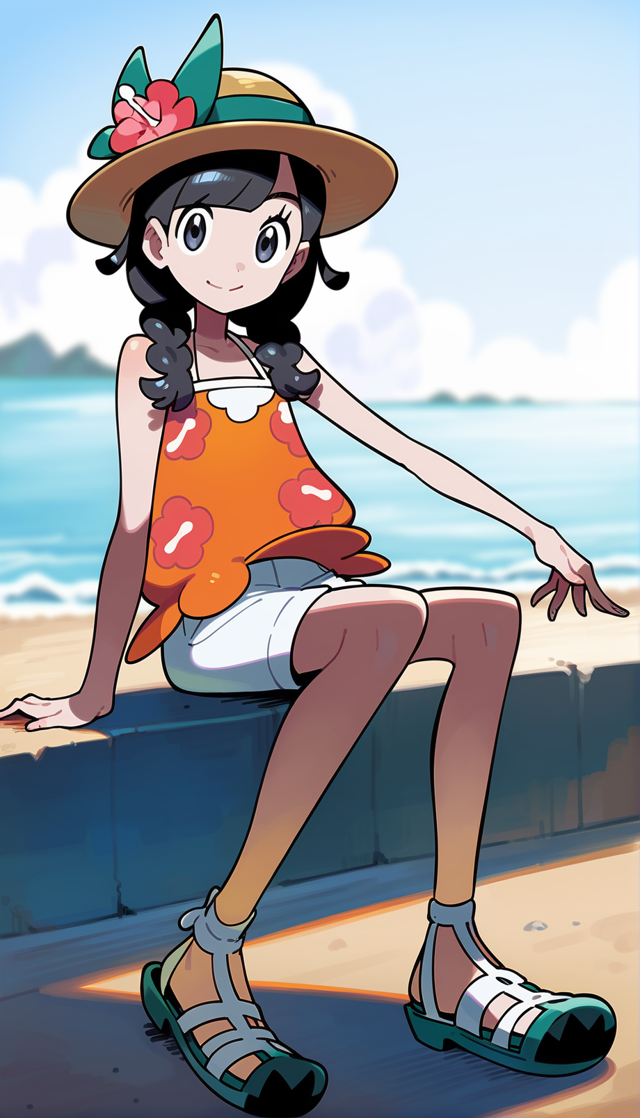 score_9,score_8_up,score_7_up,
highres,highly detailed,
<lora:selene:0.9>,pm_selene,
1girl,
solo,black hair,bangs,twin braids,
grey eyes,looking at viewer,smile,
straw hat with flower decoration,orange camisole,floral print,white shorts,sandals,
full body,sitting,upper body,
blurry background,simple background,outdoors,sea,