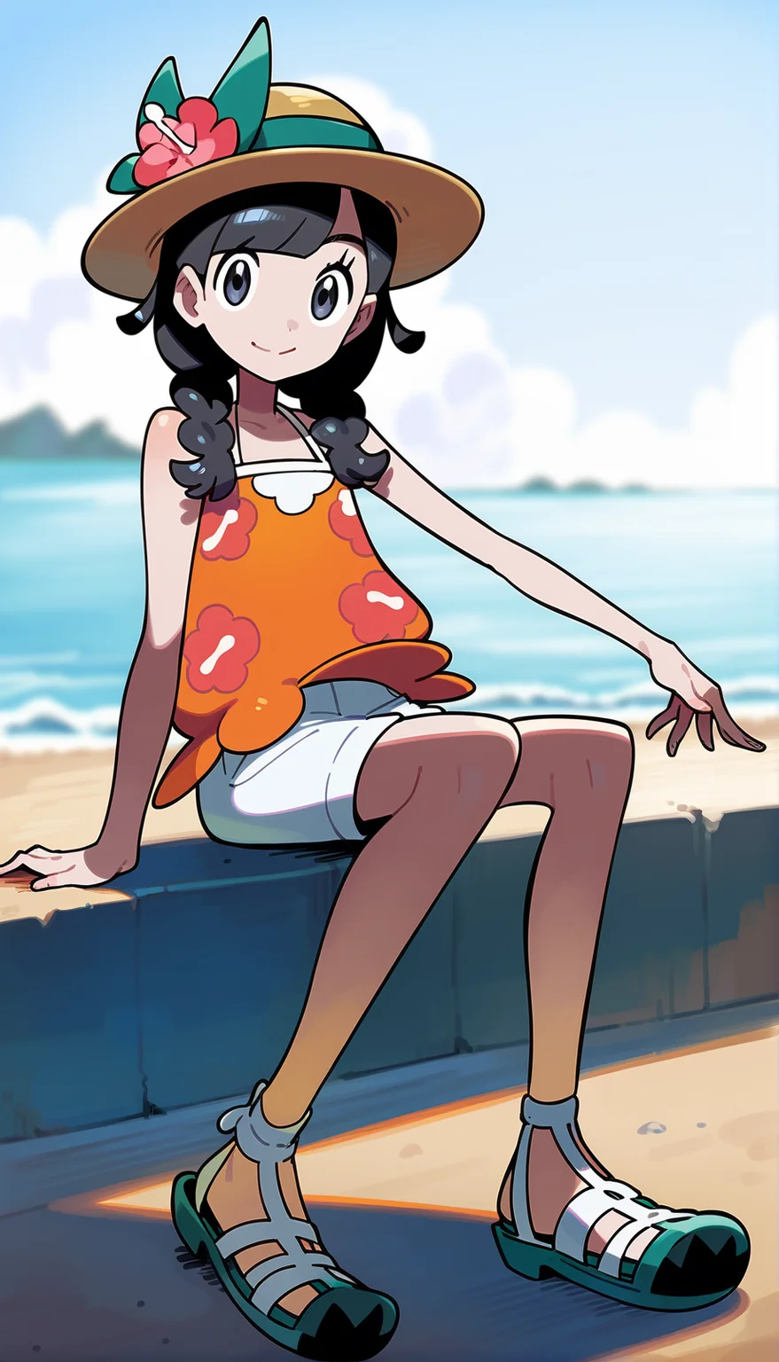 score_9,score_8_up,score_7_up,
highres,highly detailed,
<lora:selene:0.9>,pm_selene,
1girl,
solo,black hair,bangs,twin braids,
grey eyes,looking at viewer,smile,
straw hat with flower decoration,orange camisole,floral print,white shorts,sandals,
full body,sitting,upper body,
blurry background,simple background,outdoors,sea,