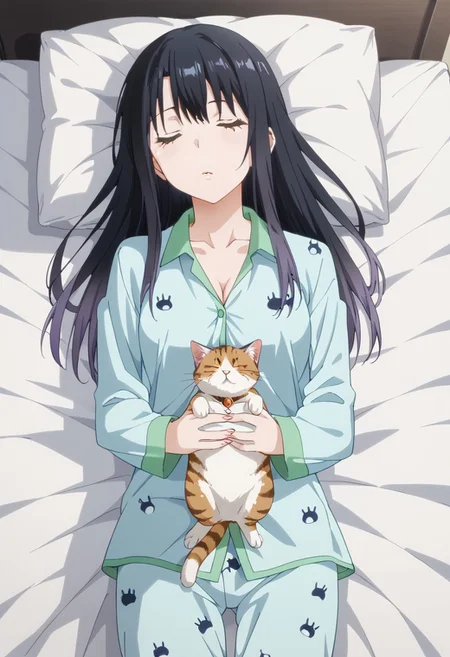 score_9, score_8_up, score_7_up, score_6_up, score_5_up, score_4_up, detailed eyes, (detailed skin:1.8), source_anime, masterpeice, best quality, very aesthetic, absurdres, best lighting, cg coloring, soft lighting, soft shading, BREAK,1girl, Yotsuya_Miko, yellow_eyes, black_hair, long_hair, gradient_hair, medium_breasts,
BREAK, yellow_eyes, black_hair, long_hair, gradient_hair, medium_breasts, BREAK, pajama, pajamas, pajama pants, BREAK, bed, in bed, BREAK, sleeping, eyes closed, peacefully, cat, cuddling with cat, BREAK,