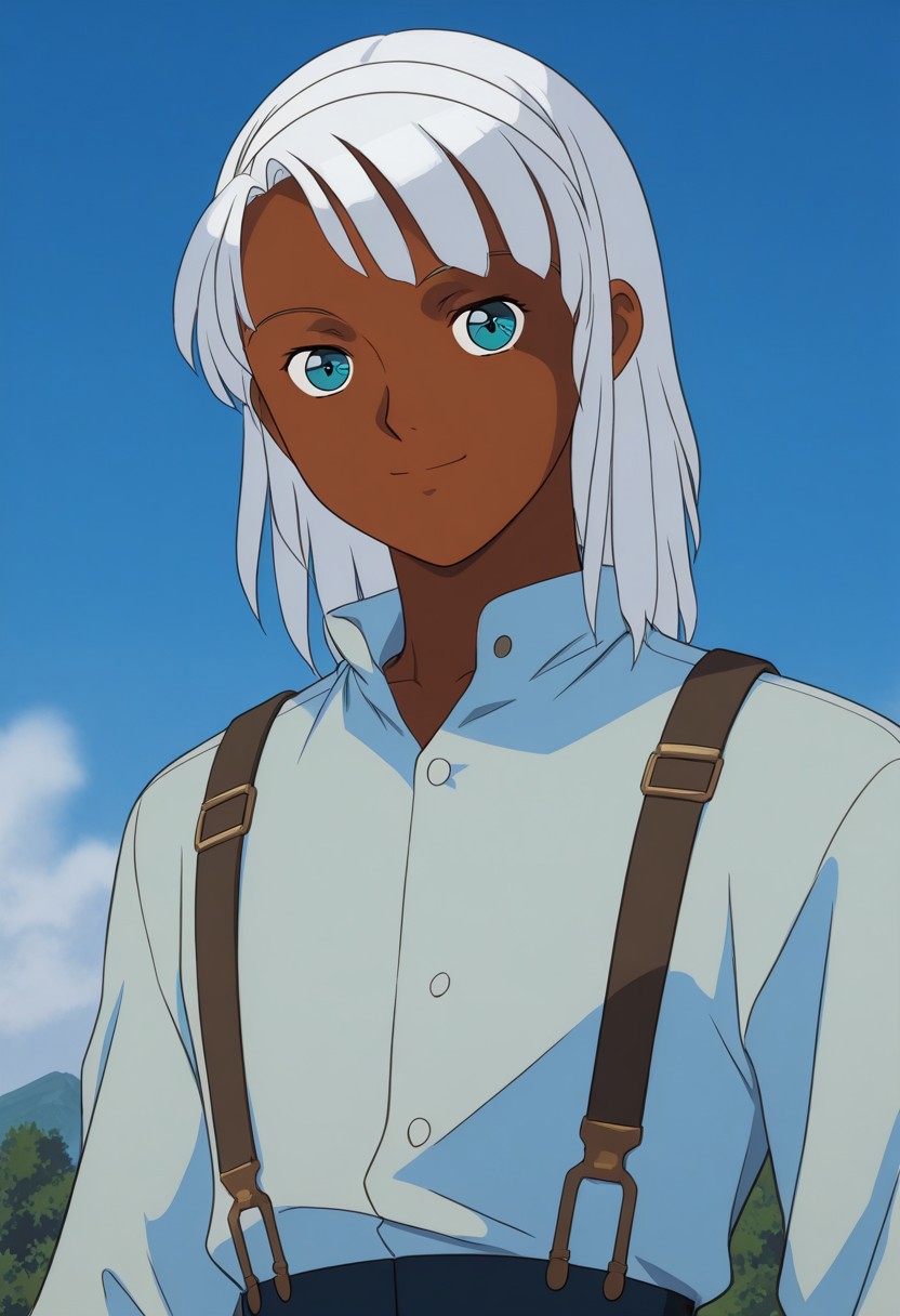 a young boy,Loran Cehak,solo,blue_eyes,bangs,white_hair_band,dark_skin,suspenders,shirt,looking at viewer, (boy focus,detailed face,smile),(upper body),outdoor,sky,BREAK score_9, score_8_up, score_7_up, source_anime,masterpiece, best quality,official art,perfect_anatomy,retro_artstyle