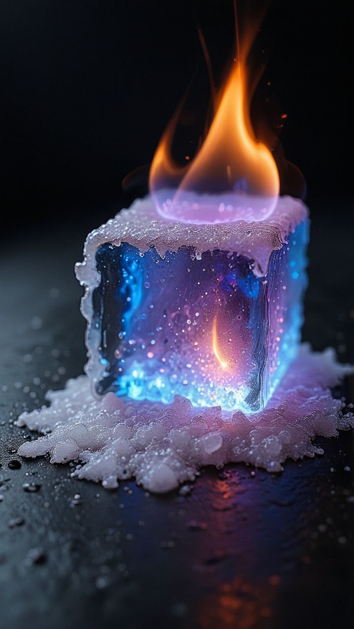 Close-up of a ice cube confident structure, fluorescent blue Flames, macro photography, pixiv lighting, high Cooperative Calligraphy, clear focus
,  <lora:Flux-style-xl-lora-000002:0.7>, flux-style,
