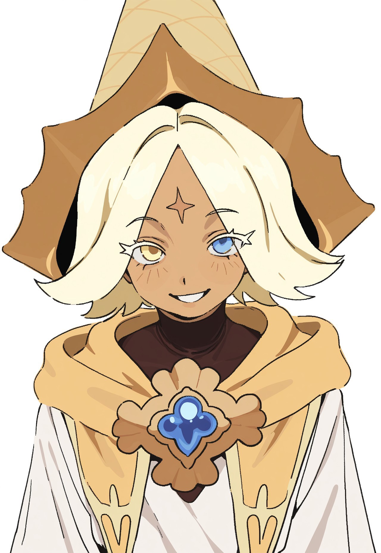 whoopsatr,  anime, masterpiece, best quality, detailed background, 8k, 1boy, solo, pure vanilla cookie, tan skin, blonde hair, short hair, parted bangs, white eyelashes, forehead marking, hat, cone hat, yellow cloak, brooch, white robe, dark brown undershirt, heterochromia, blue and yellow eyes, standing, white background, grin, half body, staring at viewer, no pose,