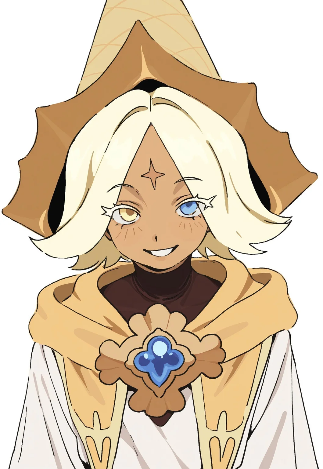 whoopsatr, anime, masterpiece, best quality, detailed background, 8k, 1boy, solo, pure vanilla cookie, tan skin, blonde hair, short hair, parted bangs, white eyelashes, forehead marking, hat, cone hat, yellow cloak, brooch, white robe, dark brown undershirt, heterochromia, blue and yellow eyes, standing, white background, grin, half body, staring at viewer, no pose,