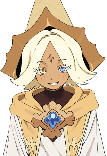 whoopsatr, anime, masterpiece, best quality, detailed background, 8k, 1boy, solo, pure vanilla cookie, tan skin, blonde hair, short hair, parted bangs, white eyelashes, forehead marking, hat, cone hat, yellow cloak, brooch, white robe, dark brown undershirt, heterochromia, blue and yellow eyes, standing, white background, grin, half body, staring at viewer, no pose,