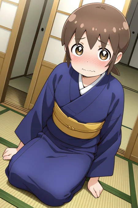 masterpiece, best quality, amazing quality, absurdres, solo, sekioriko, wavy mouth, shy, awkward, seiza, sitting, on ground, short, small, dutch angle, looking at viewer, short brown hair, blue kimono, yellow obi, indoors, ryokan, tatami, sliding doors