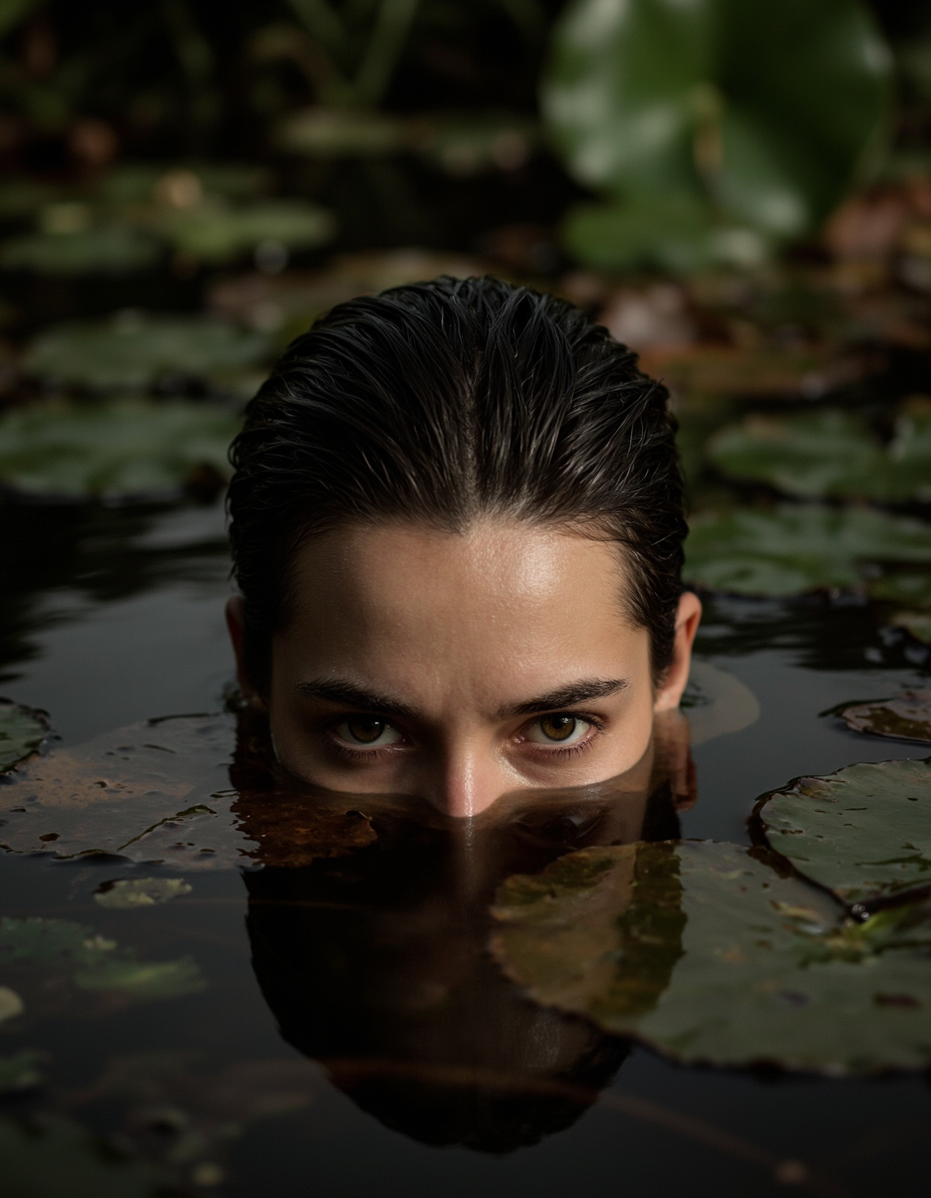 Cinematic-style photograph, digital medium. Close-up of a woman partially submerged in water with intense, expressive eyes peering above the surface. Streamlined dark hair slicked back, reflecting natural light. Surrounding environment features lily pads and blurred aquatic background with rich, earthy greens and muted browns. Dramatic play of light and shadow on water and woman's face creating a mysterious ambiance. High contrast, meticulous detail, capturing an enigmatic, suspenseful moment.
