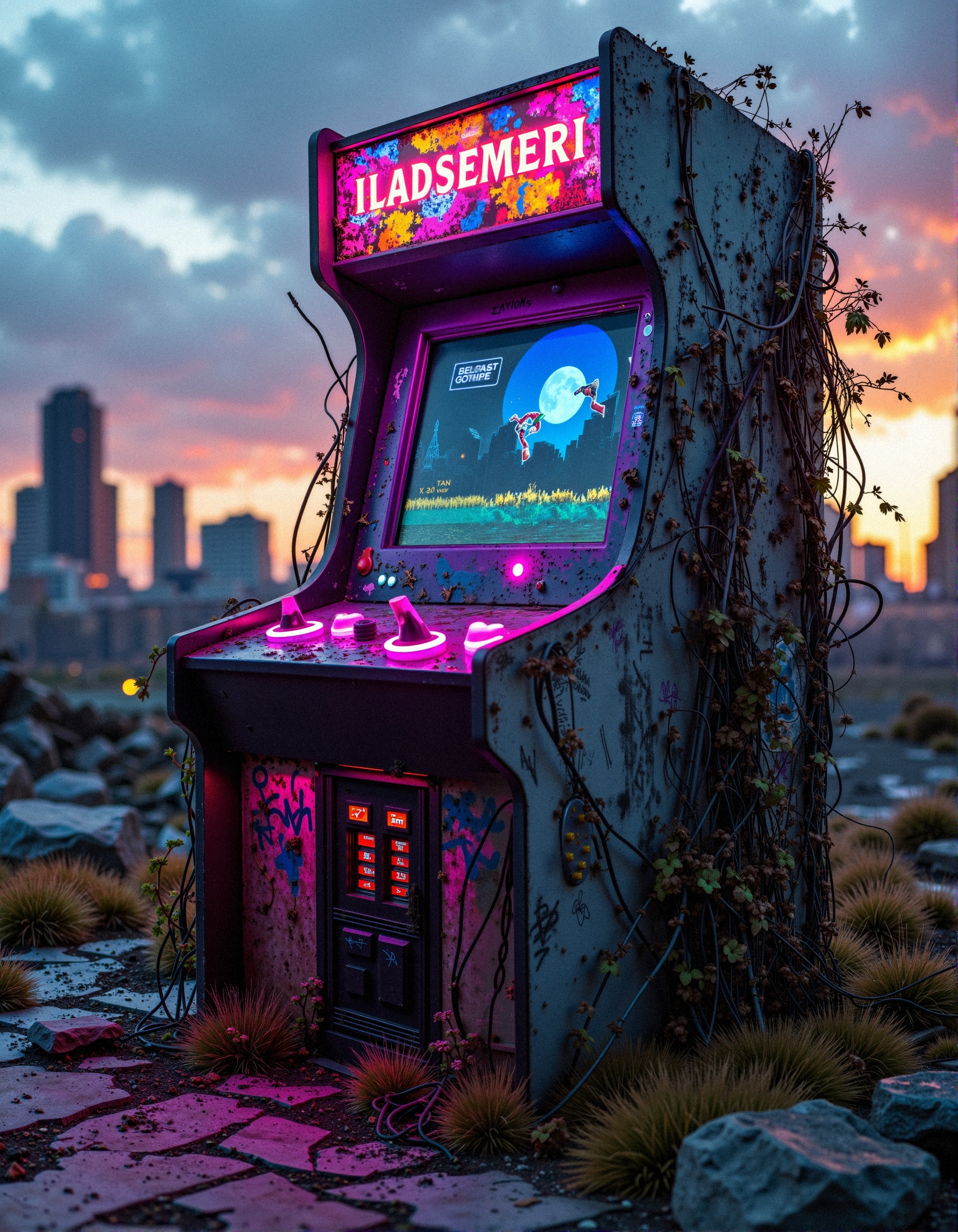 aidmaHyperrealism,
A massive abandoned arcade machine standing like a forgotten god in the ruins of a cyberpunk metropolis, covered in neon-lit wires, tangled circuitry, and glowing urban decay, fusing retro gaming nostalgia with futuristic post-apocalyptic themes. The arcade’s structure is fused into the ground, its roots intertwined with broken pavement and nature reclaiming the synthetic world, as tufts of grass and vines creep along its weathered metal panels. Its graffiti-tagged surface tells the story of a civilization that once thrived on digital dreams, now reduced to mere echoes through the static of its flickering CRT screen, which displays a surreal pixel-art world—an alternate reality trapped within the arcade’s aging circuits. Exposed wiring pulses with deep cybernetic hues of magenta, teal, and electric yellow, illuminating the surroundings in an eerie glow as the city skyline behind it fades into the twilight of a neon-drenched sky. The buttons, still intact yet worn from time, seem to beckon passersby to interact, daring someone to restart the game in a world where the digital past collides with a dystopian present.
 <lora:aidmaHyperrealism-FLUX-v0.3:0.5> <lora:FluxDFaeTasticDetails:0.3>