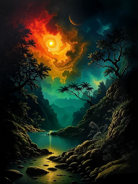 famous artwork, masterwork classical oil painting on canvas, traditional media, a dense alien jungle valley under a dark, colorful night sky with stars, thick layers of dark foliage and twisted, looming trees crowding the scene, tangled canopies and creeping vines framing the view, a serene reflective river weaving through the vegetation, strange distant hills barely visible through the mist, a seething vortex in the sky - fiery and luminous, radiating yellow, crimson, blue, and green spirals, casting unnatural light, a crescent moon hangs suspended above. diminished rocky foreground with smoother riverbank stones partially submerged or overgrown, faint light glimmering on the wet surface, jungle growth spilling toward the waterâs edge, moss-covered roots and fern-like plants crowding the lower frame. no visible life forms, only the sense of an ancient presence and eldritch forces in the brooding atmosphere. centered wide-angle composition, medium shot perspective, slightly elevated camera angle. muted ambient light layered with a supernatural glow from the sky anomaly, saturated color transitions in the clouds and mist, diffused lighting casting soft reflections on the water, shadowy depth in the undergrowth and background trees. painted with traditional oils on canvas, rich layered pigment and expressive brush strokes, channeling romanticism and cosmic dread through a surreal natural environment, harmonizing colors, lemon yellow and sea green and navy blue and scarlet, ovg, style of rembrandt, vantablack, <lora:style-rembrandt-flux-by_tangbohu:0.64> <lora:vantablack-v2-flux-by_tijuanaslumlord:0.8>