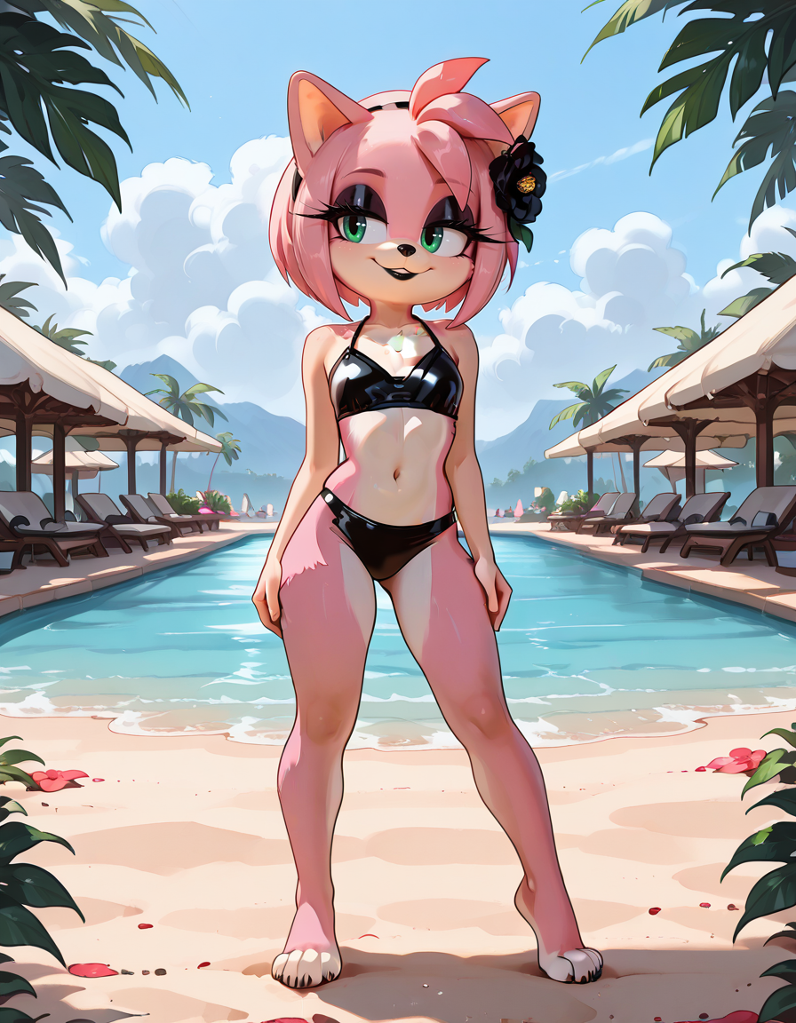 masterpiece, best quality, very aesthetic, absurdres,
outdoors, standing, spread legs, latex bikini, latex bra,  posing,
full body, seductive smile, parted lips, long eyelashes,
<lora:AmyBlackRose_v03_ILXL:1> AmyBlackRose,1girl,furry female,solo,short hair,pink hair,animal ears,hairband,bangs,hair ornament,hair flower,black hairband,sidelocks,green eyes,makeup,long eyelashes,black lipstick,animal nose,body fur,pink fur,