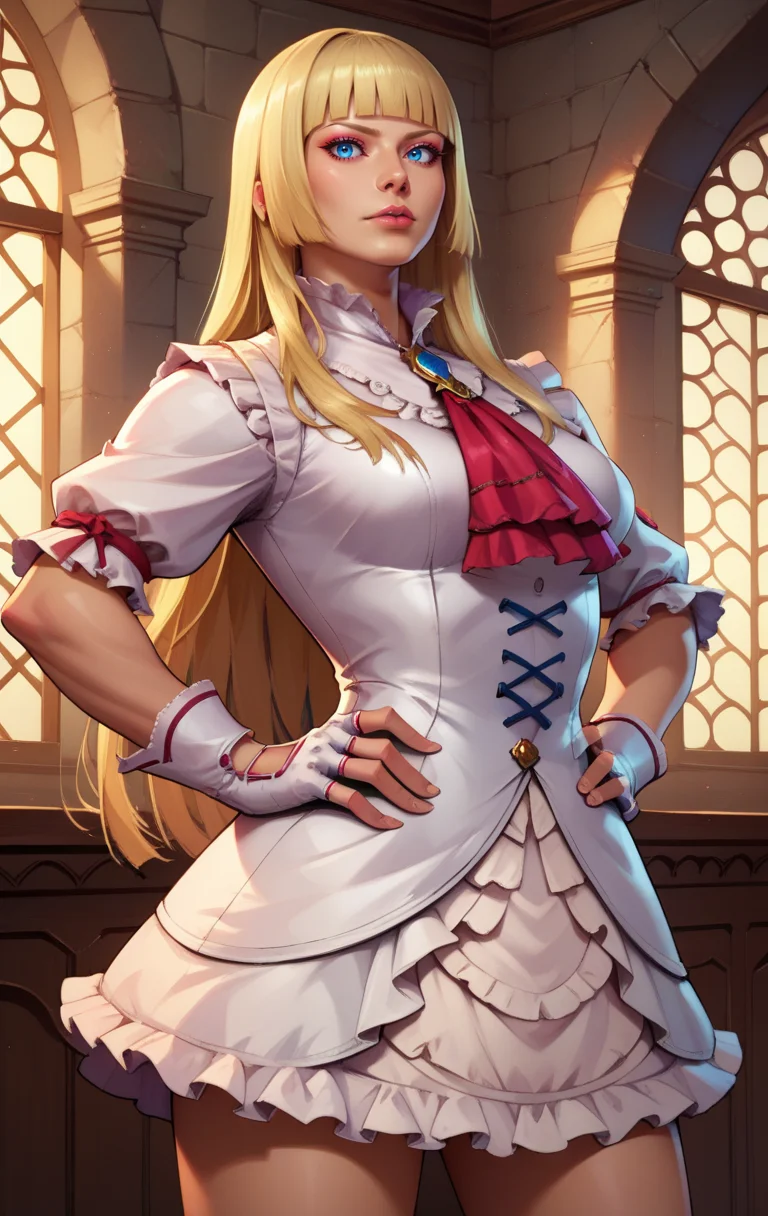 score_9, score_8_up, score_7_up, BREAK,  <lora:emilie:1> emiliederochefortSDXL, 1girl, solo, long hair,  blue eyes, blonde hair, room background, gloves, white dress, frills, white gloves, fingerless gloves, white dress, lips, ascot, makeup, frilled dress, hime cut, realistic, cowboy shot, hands on hips,