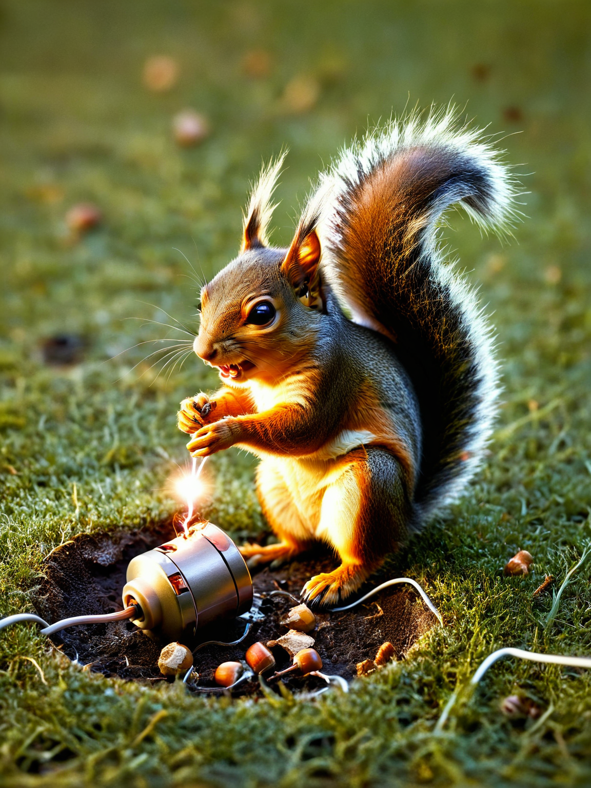 A squirrel trying to bury an acorn in a socket, getting a mini-electrocution with each failed attempt, but never giving up its nutty persistence. <lora:ral-elctryzt-sdxl:1>,<lora:EnvyBetterHiresFixXL01:0:hr=1>