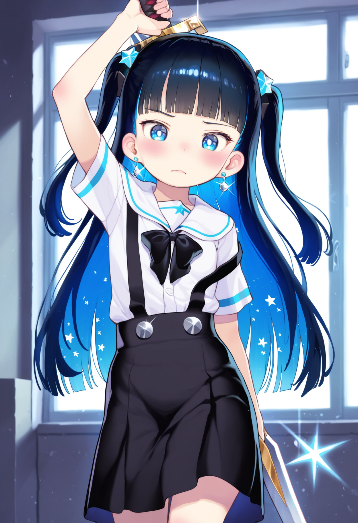 masterpiece,best quality,amazing quality,
1girl, weapon, solo, sword, long hair, blue eyes, holding weapon, holding, skirt, looking at viewer, shirt, holding sword, white shirt, bangs, short sleeves, two side up, jewelry, black skirt, white sailor collar, hair ornament, earrings, suspenders, suspender skirt, closed mouth, black hair, school uniform, blunt bangs, star (symbol), sailor collar, blush, bow, very long hair, blue hair, ribbon, collared shirt, arm up, glint,
<lora:Nukaji:1>