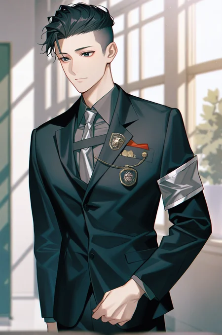 artist:gomzi,artist:wanke,artist:diyokama, rei_(sanbonzakura),[[artist:fuzichoco]],year 2023, 
school hall, solo, 1boy,
tsurumaki shouta, black eyes, black hair, short hair, hair slicked back, undercut,
grey shirt, grey necktie, square-end necktie, black blazer, medal, armband, police badge,
black pants, <lora:tce2_majorcharacters.ilxl:0.8>