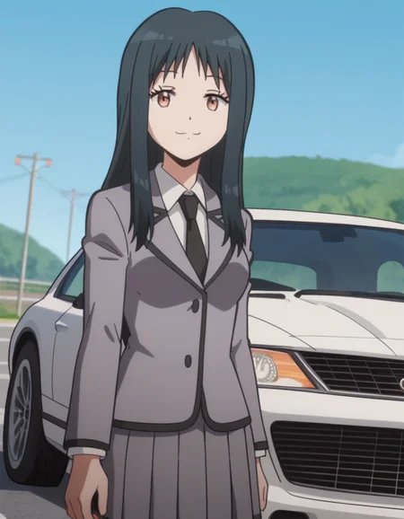 score_9, score_8_up, score_7_up, source_anime, <lora:yukiko-kanzaki-s1s2-ponyxl-lora-nochekaiser:1>, yukiko kanzaki, long hair, bangs, black hair, brown eyes, medium breasts, anime screencap,, blazer, grey blazer, skirt, school uniform, pleated skirt, necktie, grey skirt, black necktie, white shirt, collared shirt, long sleeves,, parking lot, cars, asphalt, spaces, open, , smug, looking at viewer, solo,, dutch angle, cowboy shot