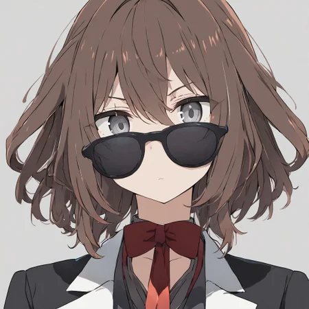 masterpiece, best_quality, 1girl, solo, <lora:k'ra v6.0 XL:0.8>, k'ra, grey eyes, brown hair, suit, bowtie, sunglasses in hair, score_9, score_7_up, source_anime, ntm,