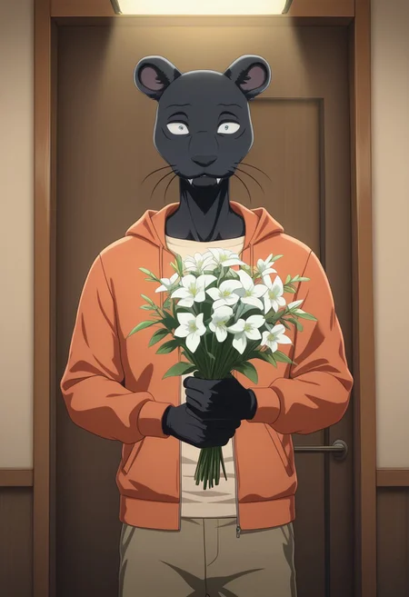 masterpiece, best quality, amazing quality, very aesthetic, absurdres, newest, high quality, detailed, male, solo male, TaoBeastars, 1boy, mature male, male, athletic build, anthro, black panther, animal ears, black fur, grey blue eyes, round ears, whiskers, tan shirt, orange jacket, brown slacks, half body, looking at viewer, smiling, fangs, volumetric lighting, standing, holding bouquet of flowers