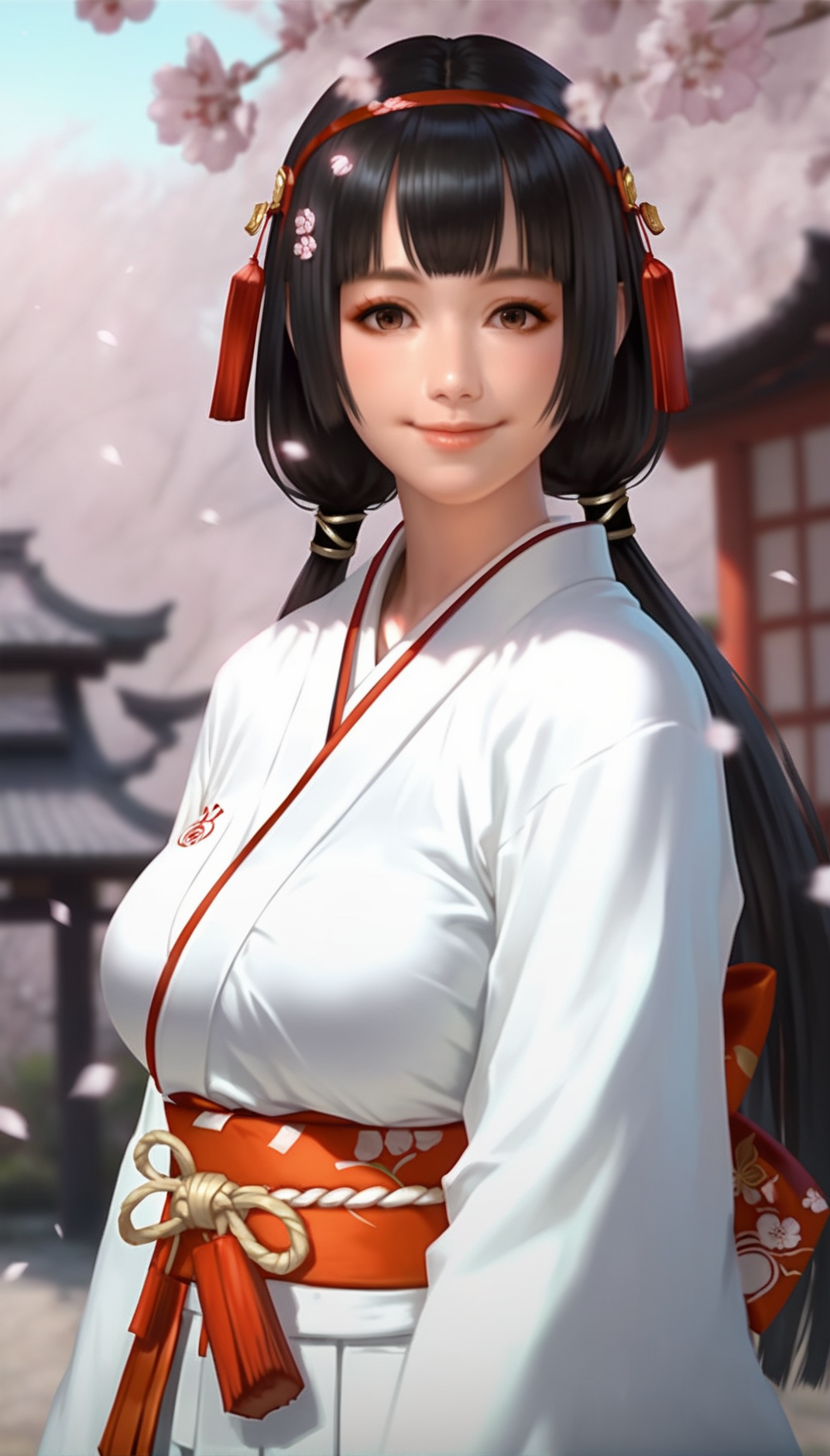score_9,score_8_up,score_7_up,
<lora:NaotoraIi:0.9>,
naotora ii,
realistic,
1girl,solo,black hair,blunt bangs,low twintails,
brown eyes,looking at viewer,smile,
red hair ornament,red hairband,white scrunchie,
miko outfit,
portrait,
blurry background,bloom,lights particle,outdoors,cherry blossoms,japanese style wall,vignetting,len flare,