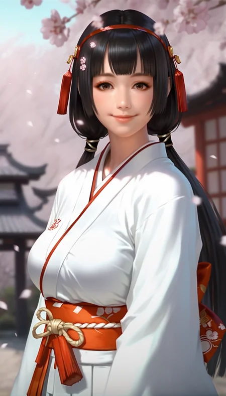score_9,score_8_up,score_7_up,
<lora:NaotoraIi:0.9>,
naotora ii,
realistic,
1girl,solo,black hair,blunt bangs,low twintails,
brown eyes,looking at viewer,smile,
red hair ornament,red hairband,white scrunchie,
miko outfit,
portrait,
blurry background,bloom,lights particle,outdoors,cherry blossoms,japanese style wall,vignetting,len flare,