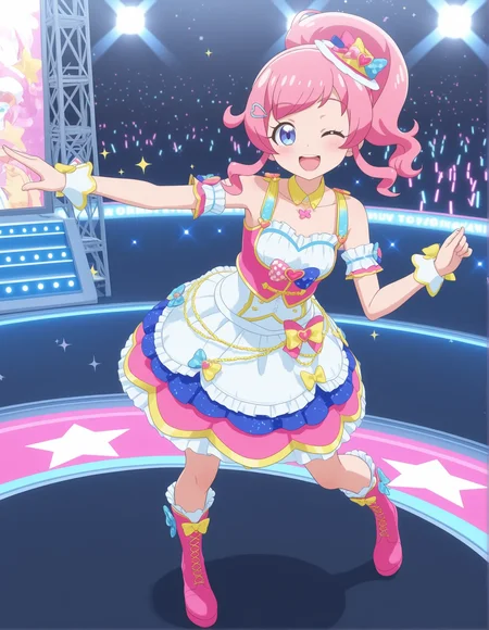 1girl, kiratto pri chan,
solo, anime coloring, desire, full body, (stage:1.3), (concert:1.3), dancing, one eye closed, idol clothes, momoyamamirai3d, 3d, pink hair, long hair, high ponytail, swept bangs, sidelocks, hairpin, blue eyes, small breasts, star \(symbol\), glowstick, blush, teeth, stage lights, idol, open mouth, breasts, dress, pink footwear, :d, sparkle, ;\), smile, looking at viewer, upper teeth only, boots,
best quality, very aesthetic, newest, masterpiece, absurdres, highres, anime screenshot, safe
<lora:il-prichan-mirai1.0:1>