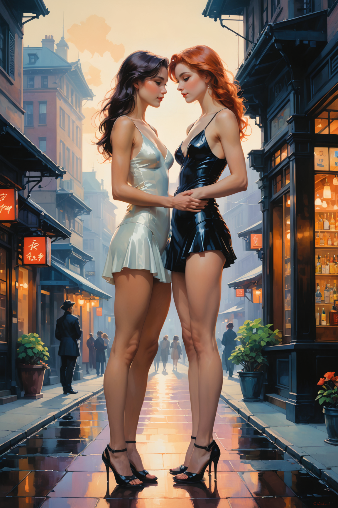 full body length  oil and watercolor pastel <lora:retro_illustration:1.00>  by (((Christophe Vacher) and Ilya Kuvshinov) and Terry Redlin) and Tom Bagshaw,   two women, lesbian  couple , sexy groping and grabbing, looking at each other longingly  , shallow depth of field