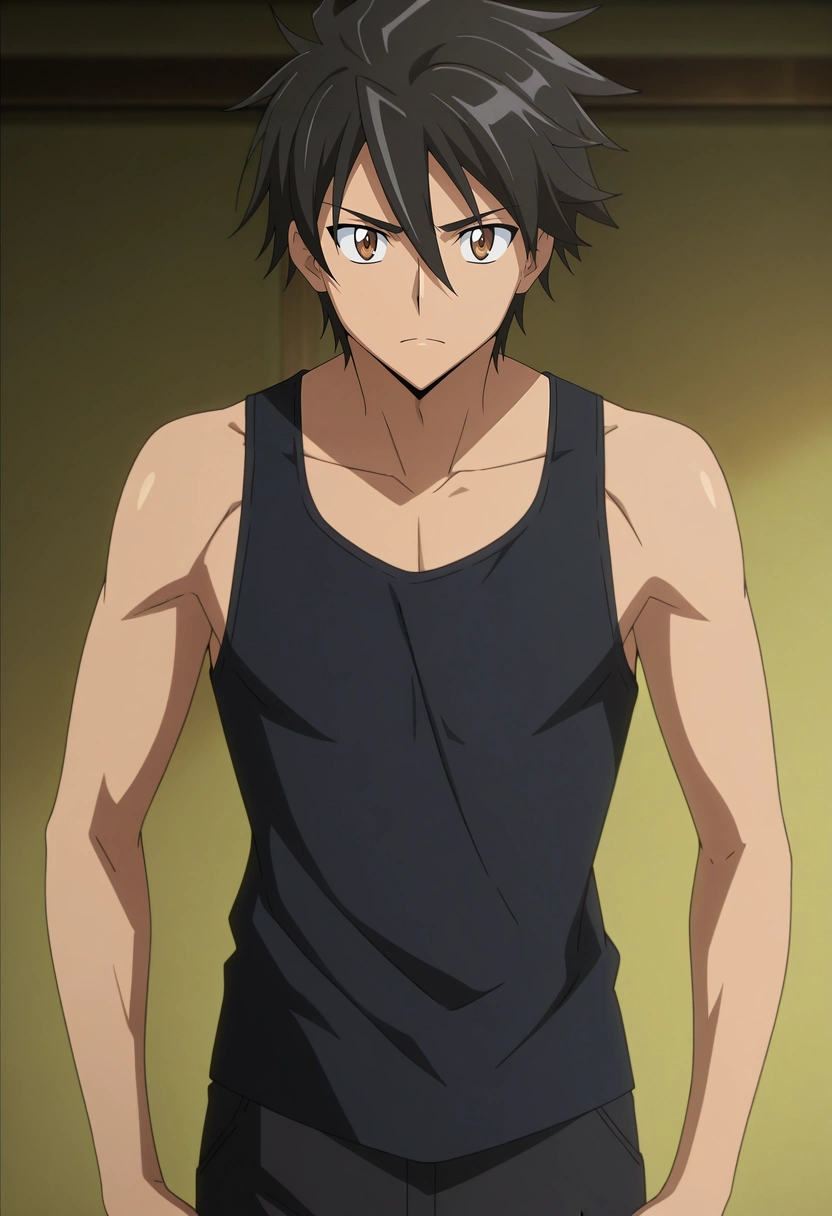 masterpiece, best quality, anime screencap, anime coloring, official style, 1boy, solo, male focus, <lora:takashi_komuro_ilxl:0.94>, takashi_komuro, black hair, brown eyes, short hair, hair between eyes, black tank top, cowboy shot, looking at viewer,