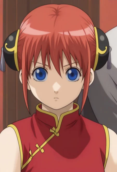 <lora:Kagura:0.8>blue eyes, red hair, Kagura red cheongsam with yellow piping outfit, Chinese clothes, double bun, bun cover, China dress,
