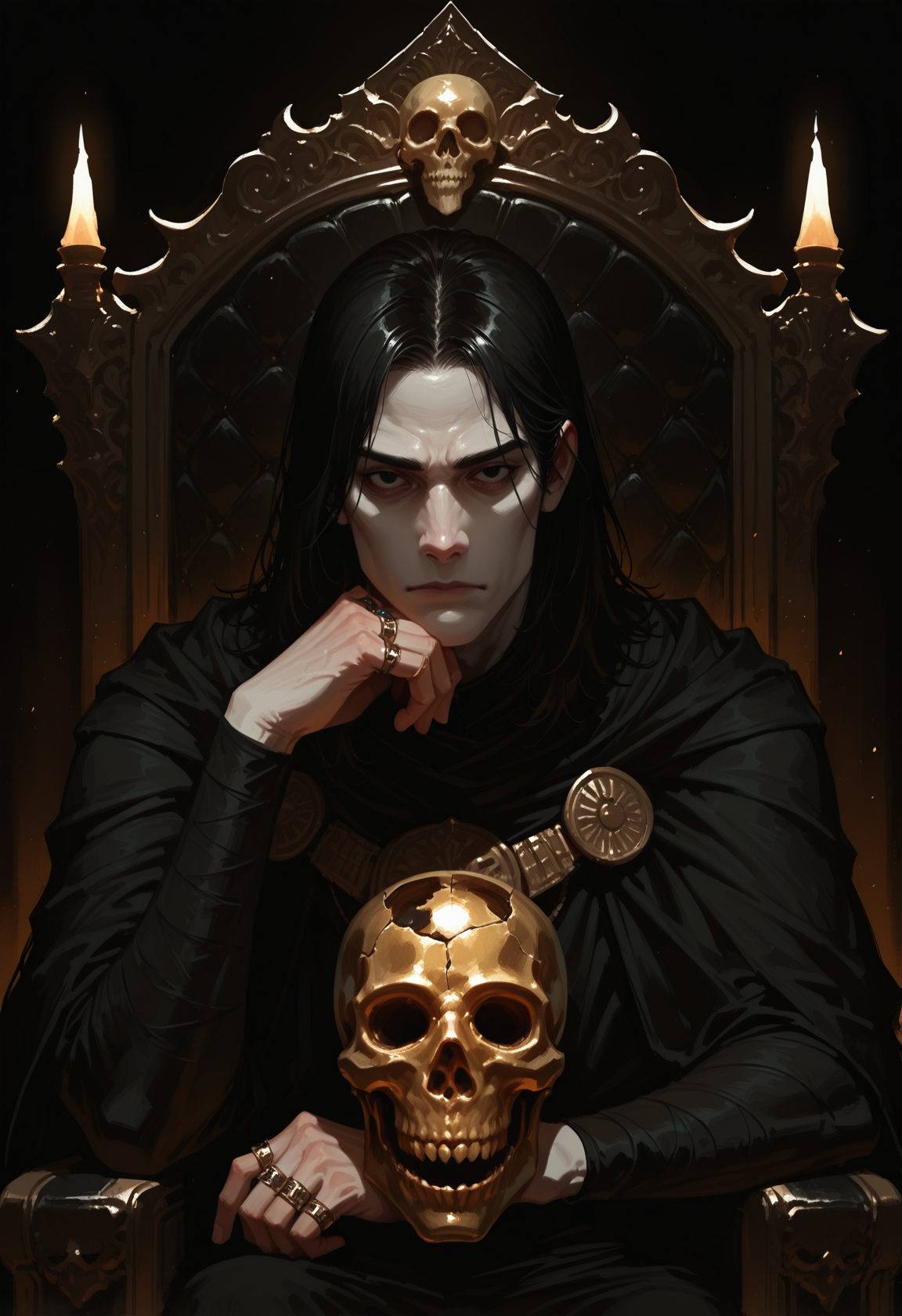 throne of bones, , throne. 1boy, black cloak, multiple rings, pale skin, black eye, horror, sitting, straight hair, medium hair ,black hair, , manly, throne room, upper body, looking at viewer, , elbow rest, bored, dark, holding golden skull, hand up, masterwork, masterpiece, best quality, dynamic lighting , dynamic pose,,  dynamic angle, , , (realistic:1.2), (lineless:1.2), detailed,  , aged up, adult, depth of field, dynamic lighting, blurry, cheekbones,