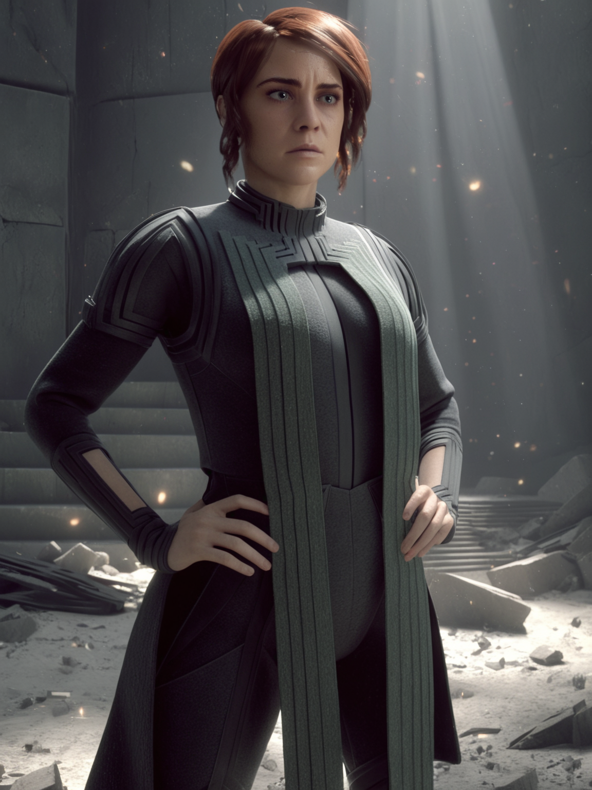 a woman,cinematic,faced to viewer,dramatic lighting,particles,debris,solo,solo focus,
<lora:Jasse_Faden_v6_biglust:0.95>woman,jasfdn face,jas hair,asynch clothes,flustered,looking at viewer,hands on hips
