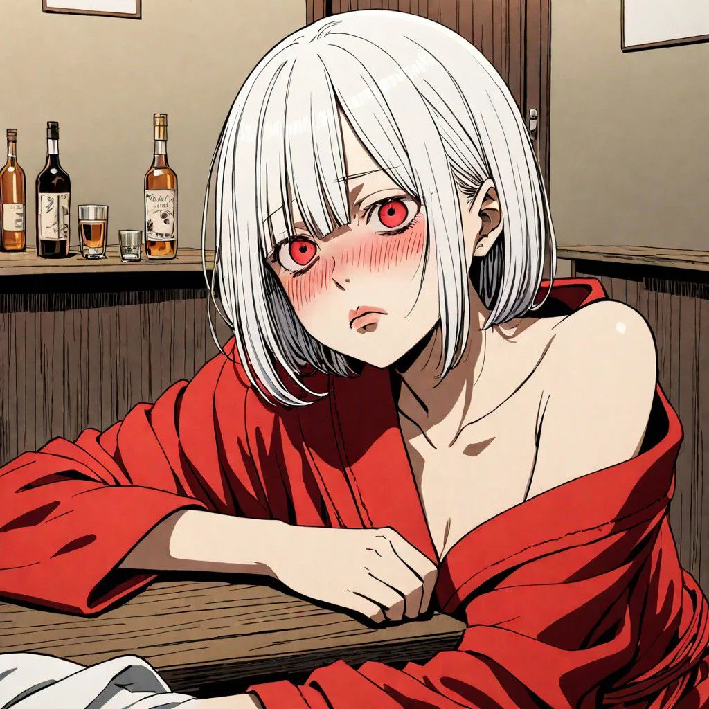 1girl, lying down on her arm on a table, loosened red bathrobe, bare shoulder on one side only, in the art style of Junji Ito, short white hair, hair over eyes, sleepy red eyes, drunk and sleepy facial expression, tired, drunk, drunk face, drunken face, intoxicated, indoors, pouting lips blushing, short hair, solo, tattoo, cinematic angle, foreshortening, dark background, cinematic lighting, masterpiece, best quality