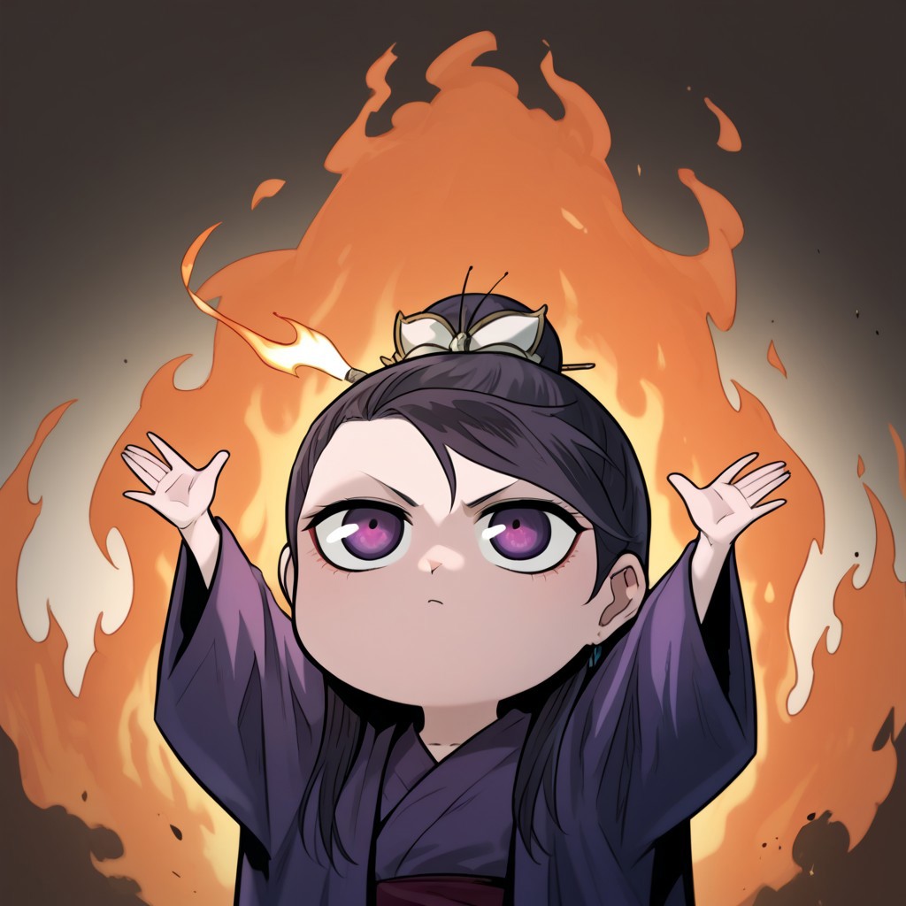zPDXL3, score_9_up, score_8_up, score_7_up, (Anime_source), 1girl, TangSeoYeon, purple eyes, black hair, long hair, hair bun, Tang clothes, (arms up, fire, outstretched arms, upper Body, burning, chibi)
