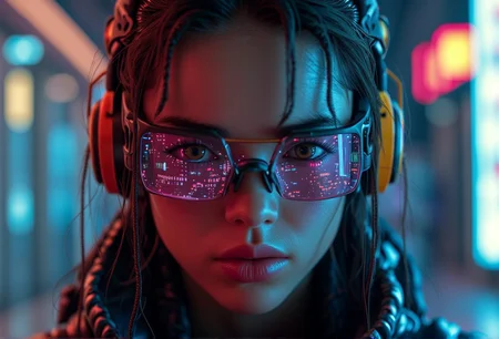 A close-up portrait of a futuristic character with neon reflections . The scene is highly detailed and realistic, capturing the essence of dystopian aesthetics, with intricate elements like atmospheric lights.<lora:bv-cybstyenh-v1.safetensors:1.0:1.0>