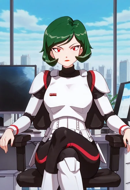 masterpiece, best quality, good quality, <lora:PMWendyIL:0.9>, PMWendy, 1girl, solo, green hair, short hair, red eyes, lipstick,stormtrooper, armor, white armor, black bodysuit, bodysuit under clothes,
looking at viewer, sitting, crossed legs, monitor
BREAK indoors, day, office, swivel chair, window, blue sky, cityscape,