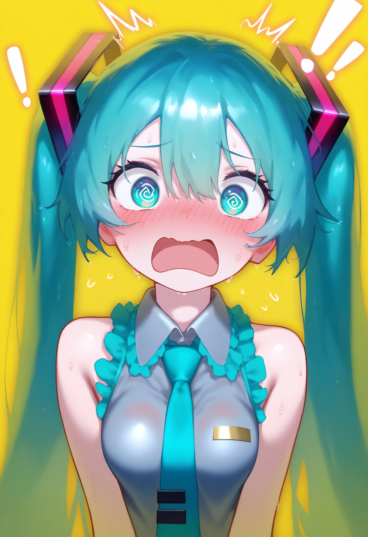 masterpiece, best quality, good quality,
wet, shiny skin,hatsune_miku, 1girl, solo, long_hair, blush, open_mouth, bangs, shirt, hair_between_eyes, bare_shoulders, twintails, blue_hair, upper_body, sweat, frills, necktie, sleeveless, collared_shirt, aqua_eyes, sleeveless_shirt, aqua_hair, embarrassed, wavy_mouth, portrait, yellow_background, grey_shirt, close-up, !, @_@, !!, aqua_necktie
<lora:flutecocktail_noob_vpred_v1:1>
