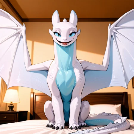 1girl, highres, absurdres, newest, masterpiece, best quality, furry, nubless_httyd, dragon, white scales, wings, tail, claws, 1girl, blue eyes, (feral, quadruped:1.3), detailed eyes, sitting, spread wings, open_mouth, luxurious detailed room, bright room, day scene, professional lighting, white bed, solo, furry_female, bedroom, smiling, seductive, looking_at_viewer, masterpiece, close up, safe