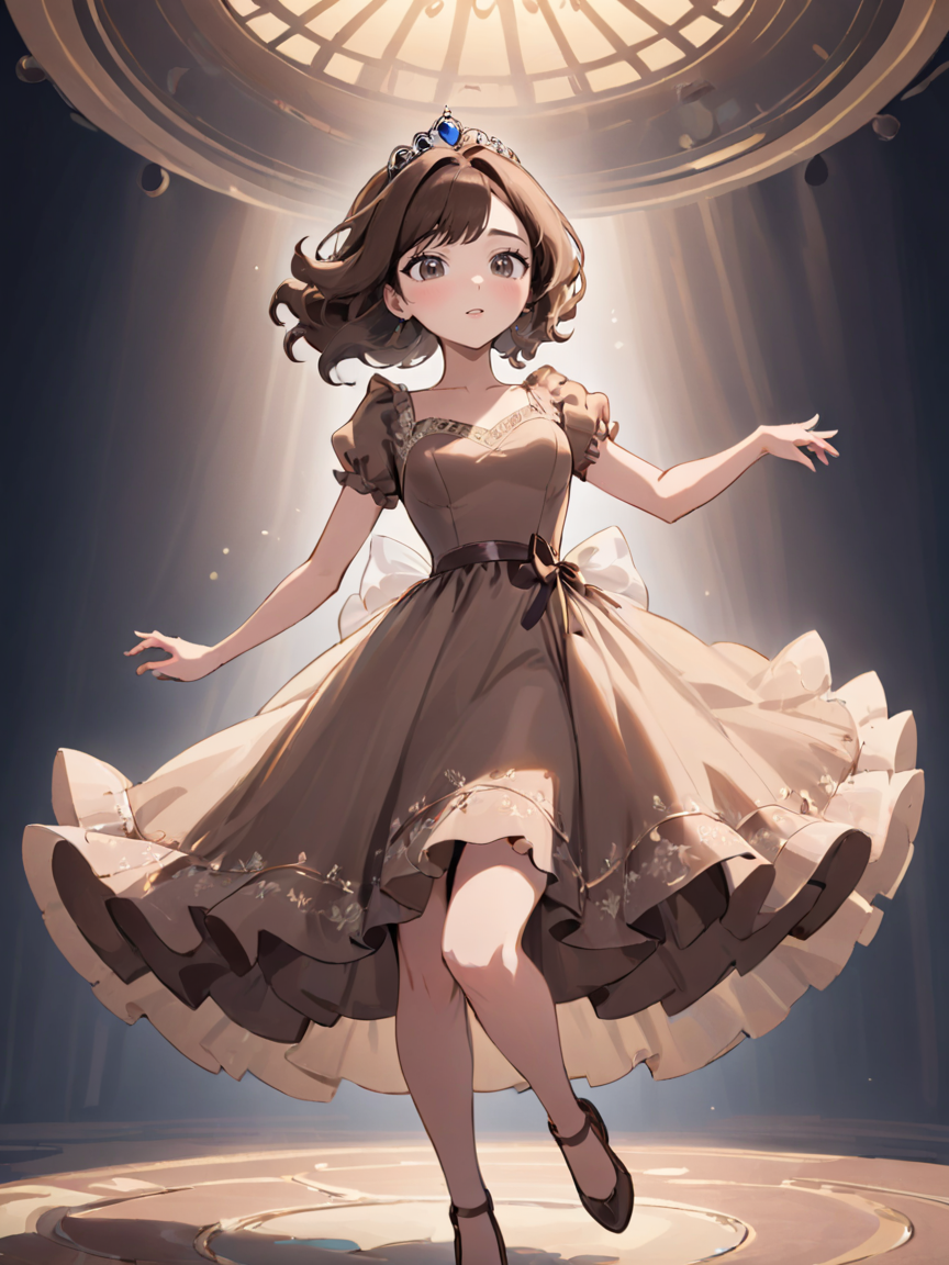 breathtaking beautiful young woman wearing a Mocha princess dress, <lora:xl_princess_dress-2.0:0.8>, Research Center, Jumping,  . award-winning, professional, highly detailed