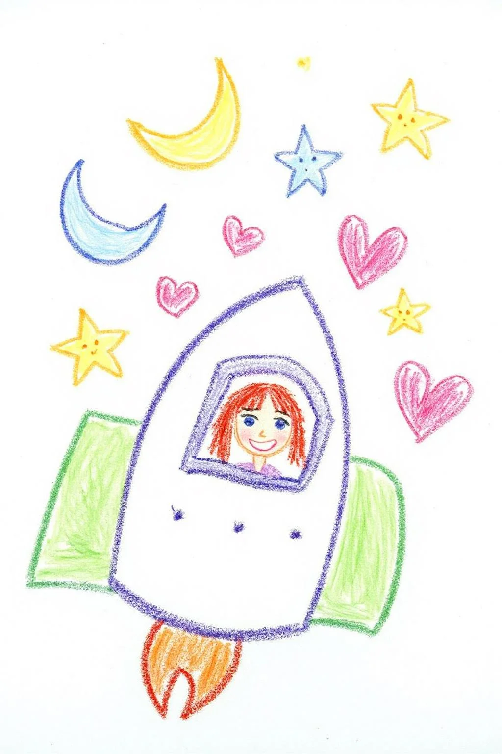 This is a colorful, whimsical drawing depicting a drawing of a rocket ship, drawn in purple. There is a girl with red hair smiling inside the rocket, visible through a small window. The is a half moon, stars and hearts in the background. <lora:5yocrayon1_cap_d6a3e12:1.0><lora:822103212283676683:0>