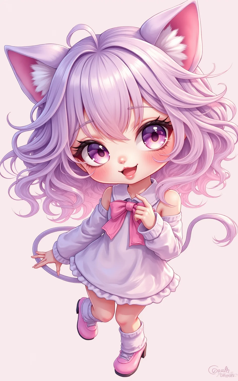 YFG-Liqd, Chibi 3D illustration, featuring exaggerated proportions with a large head and small body, soft pastel color palette, and smooth, glossy textures. The style emphasizes cuteness with rounded features, detailed hair rendering, and luminous lighting effects, giving a playful and whimsical appearance