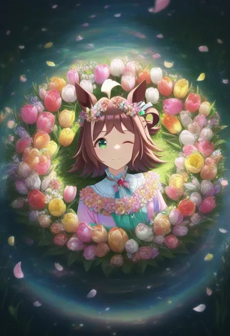 (umamusume, rhein_kraft_(umamusume), horse_ears, horse_girl, tail, 1girl, ahoge, animal_ears,)
casual, Tulip,Tulip flower, Tulip flower_field,
head_wreath, looking_at_viewer, solo, aesthetic, absurdres, symmetric , , g0ldsw0rthy,
(realistic, photo, artistic, medium_hair, one_eye_closed, petals, relaxing, smile, spiralling vortex made of multicoloured tulips, lush foliage sunrise, ripples, reflective, jaynl-tm, rainbow,green_eyes, hair_between_eyes, hair_ornament, : 0.7)